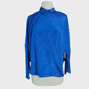 Real Vintage 80's Cobalt Blue Long Sleeve Abstract‎ Wrap Blouse Shirt Fits Small